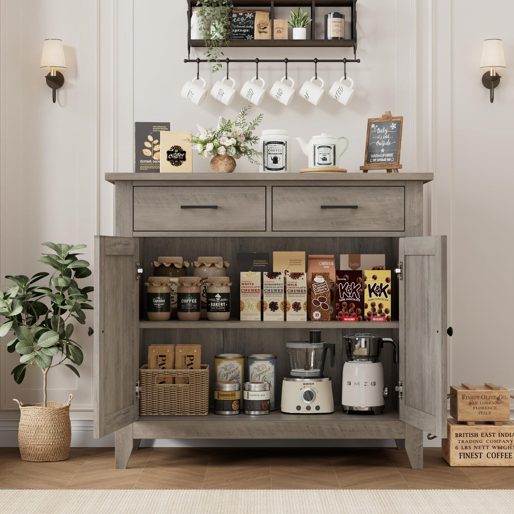 Farmhouse Kitchen Storage Cabinet, Small Buffet, Coffee Bar, Grey