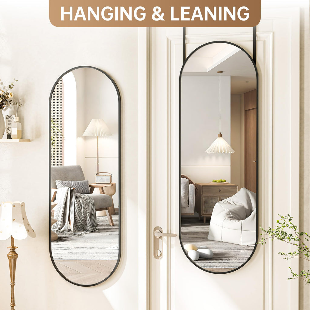 47 x 16 in Arched Over-The-Door Full-Length Mirror, Tempered Glass, Aluminum Frame - Black