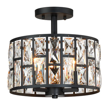 Farmhouse Crystal Round Semi Flush Mount Close to Ceiling Light Fixture, Drum Shade 3LT Ceiling Lamp Island Dinning