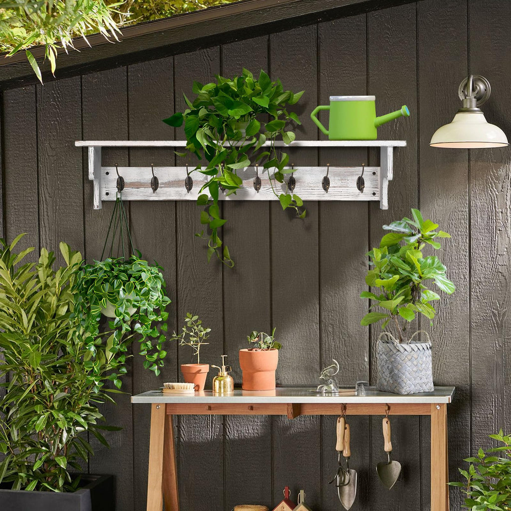 35.8'' Large Wood Coat Rack Wall Mount with Shelf, White Wall Coat Rack with 8 Sturdy Metal Hooks, New Zealand Solid