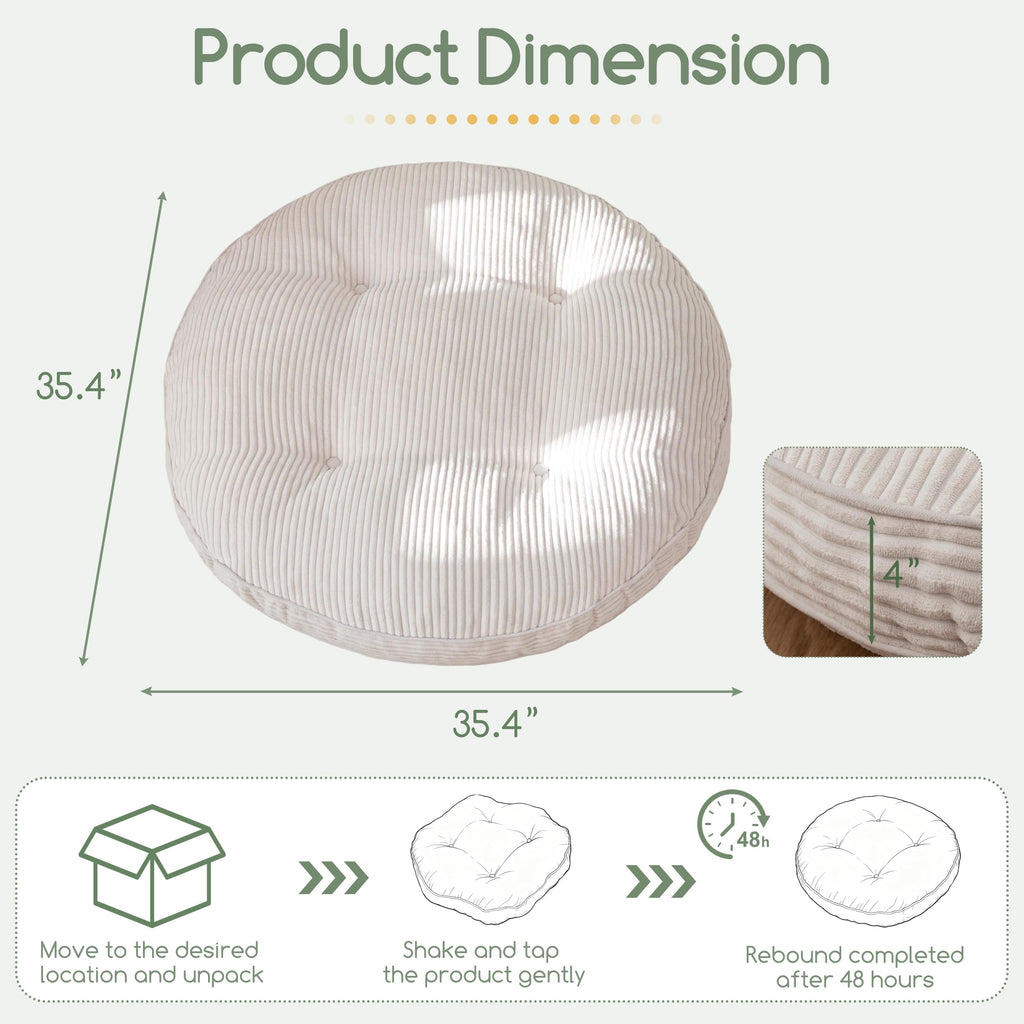 35" Floor Pillow Cushion for Adults, Meditation Cushion Pillow, Extra Large Square Floor Sitting, Tufted Corduroy