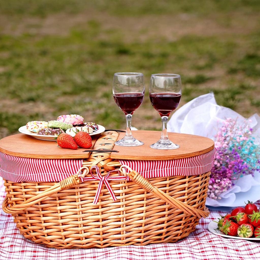 Wicker Picnic Basket with Liner, Wooden Split Lid Picnic Basket, Red