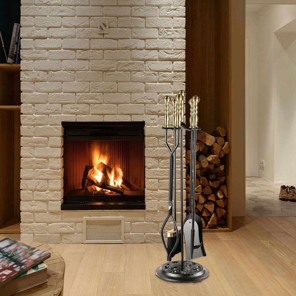 5 Pieces Fireplace Tools Sets Wrought Iron Firewood Kit with Handle Durable Tool Set and Holder for Fire Pit Stand