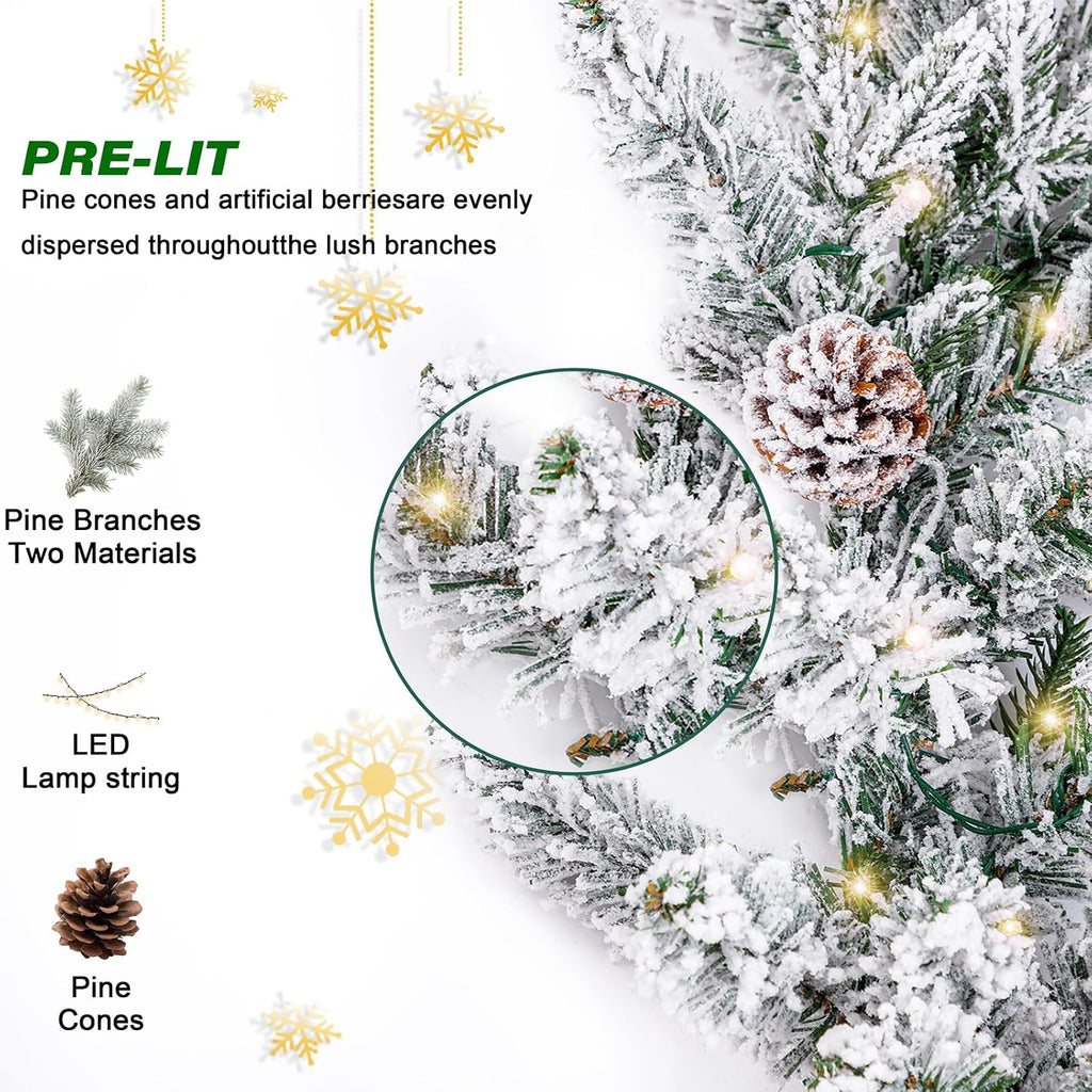 9FT Real Touch Christmas Artificial Garland - Norfolk Pine Flocked Garland with 50 Warm White LED Lights Fireplace