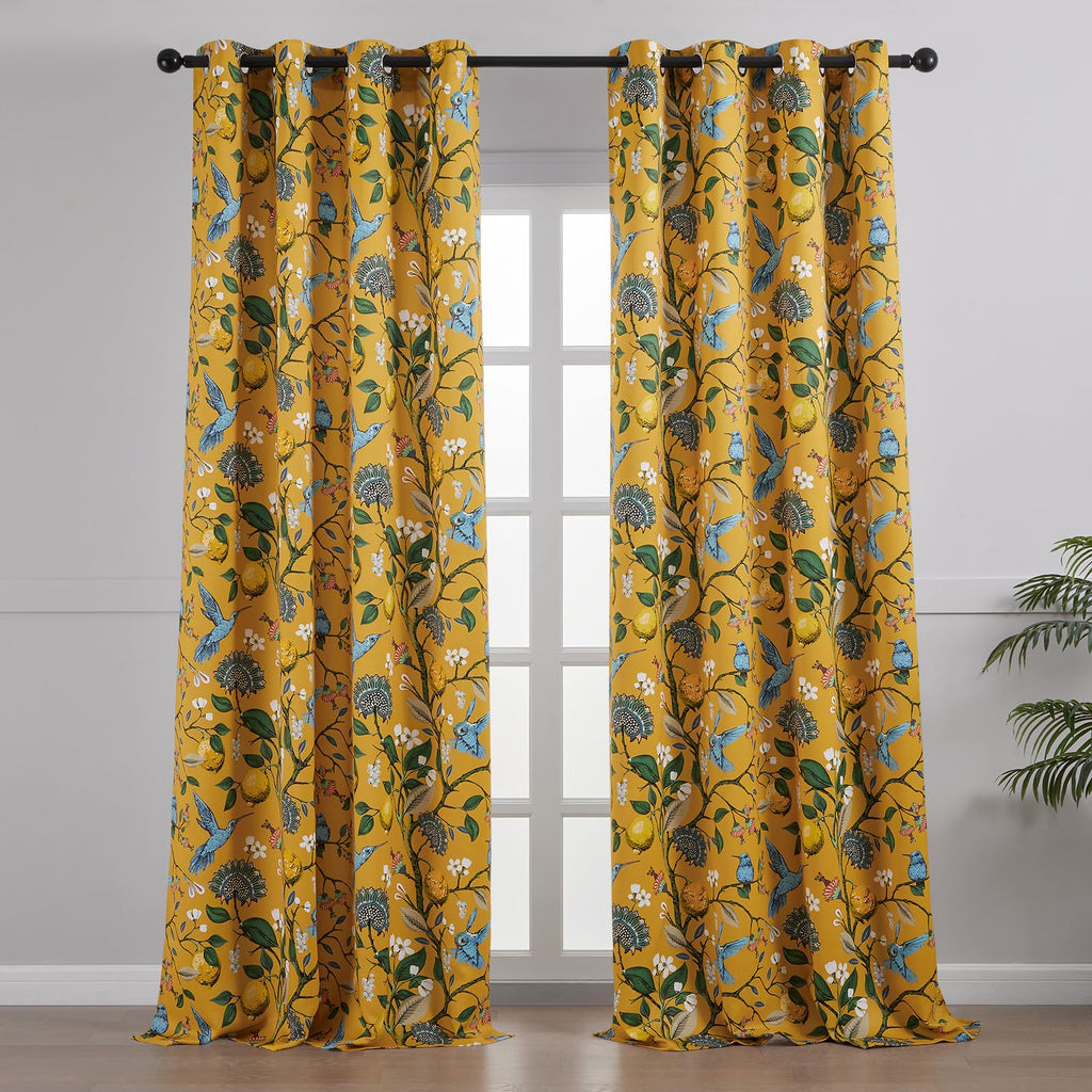 Extra Long 108 Inches Curtains for Large Window Luxury Mustard Yellow Floor To Ceiling Blackout Vintage Floral