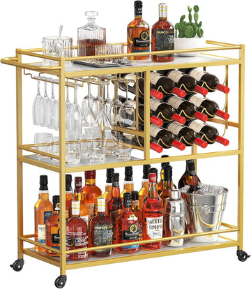 3 Tier Rolling Serving Bar Cart with Lockable Wheels, Gold | 12 wine rack and 3 rows glass holders, liquor serving