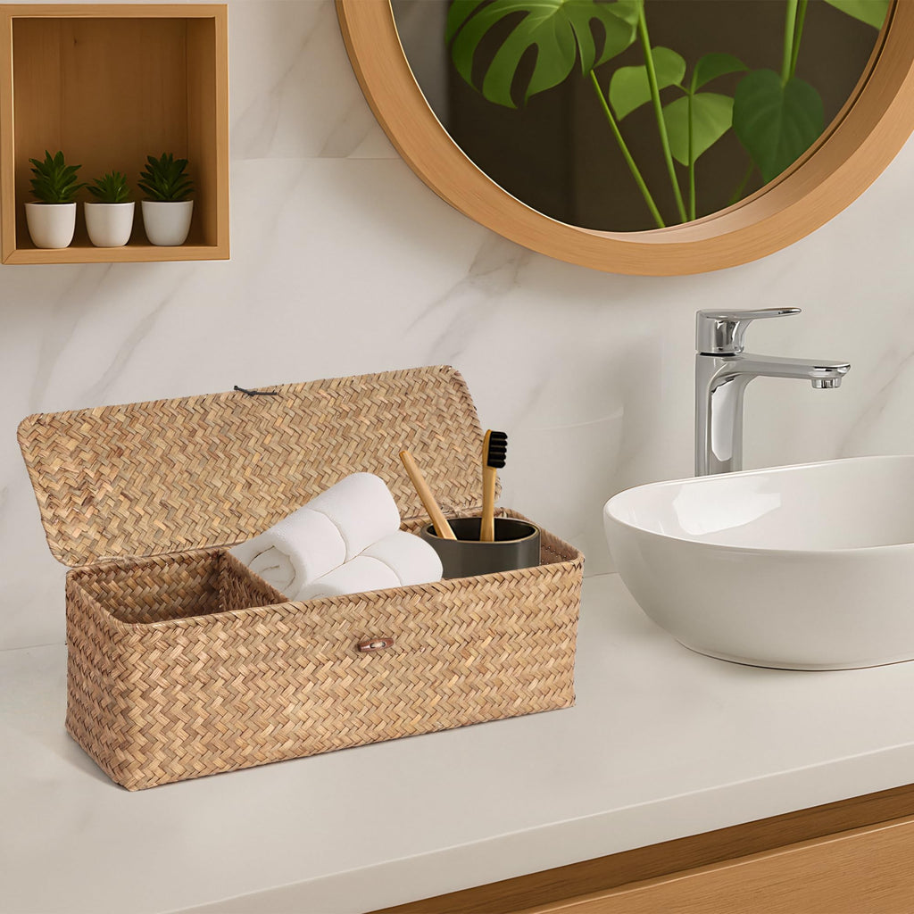 Wicker Shelf Baskets with Lid, Seagrass Storage Basket with Dividers Rectangular Woven Back of Toilet Baskets Boxes