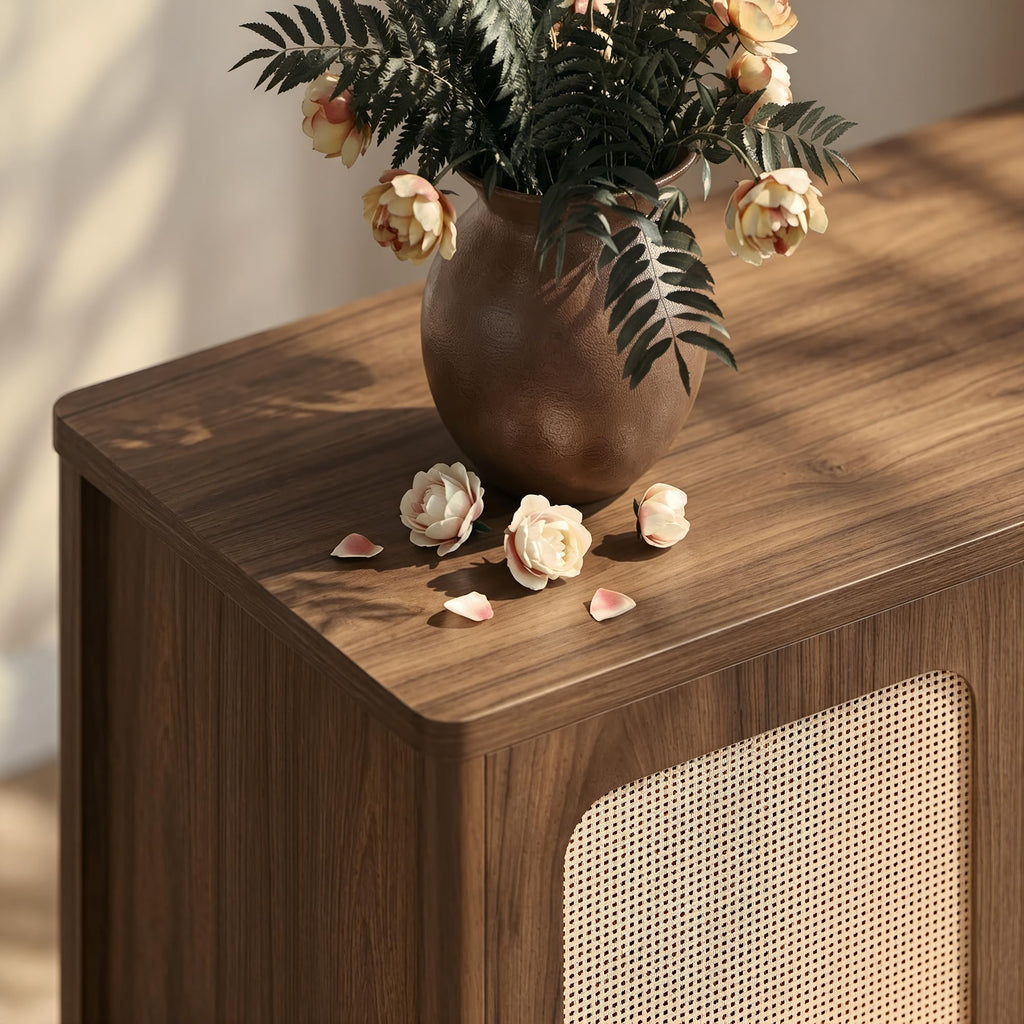 94.5" Rattan Buffet Cabinet with Storage, Sideboard with Adjustable Shelf, Accent Kitchen Floor Storage Cabinet with