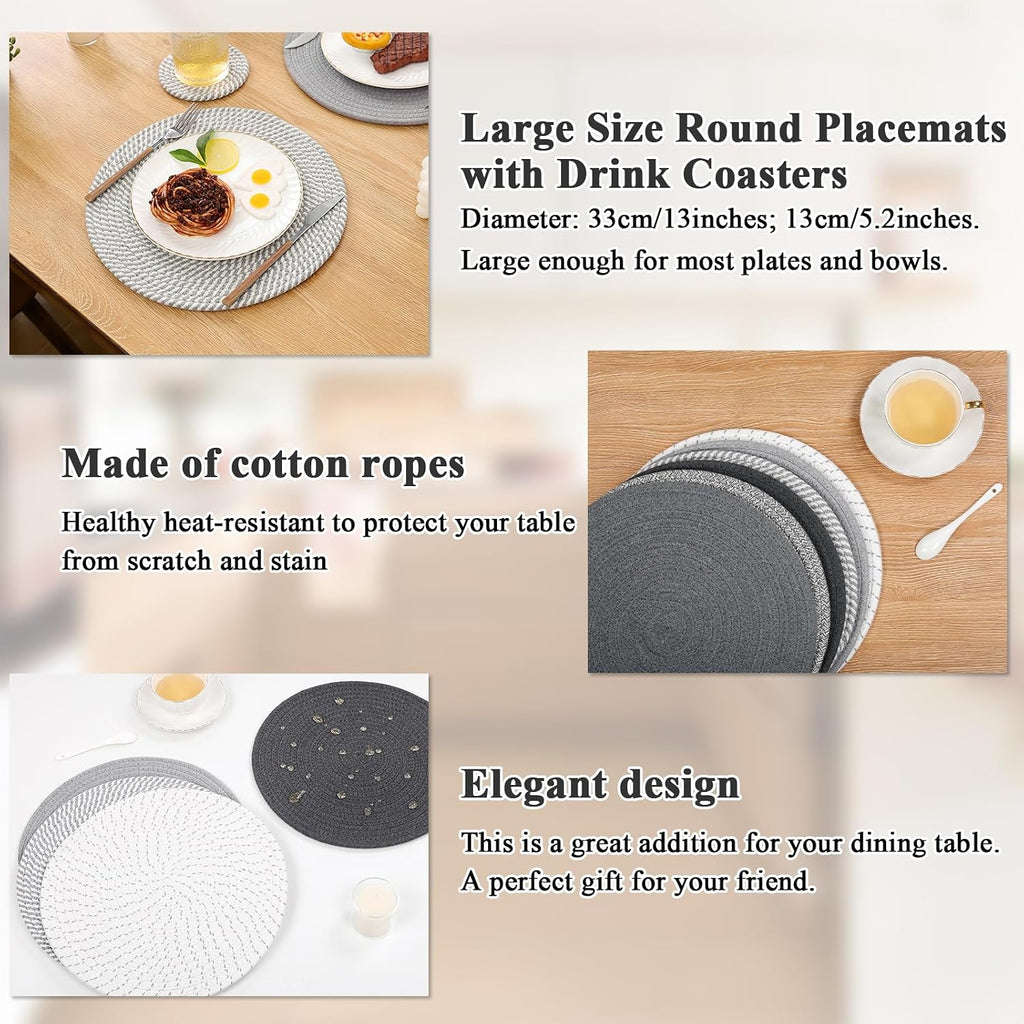 Woven Rope Round Placemats with Coasters, 13inch + 5.2inch - Set of 6
