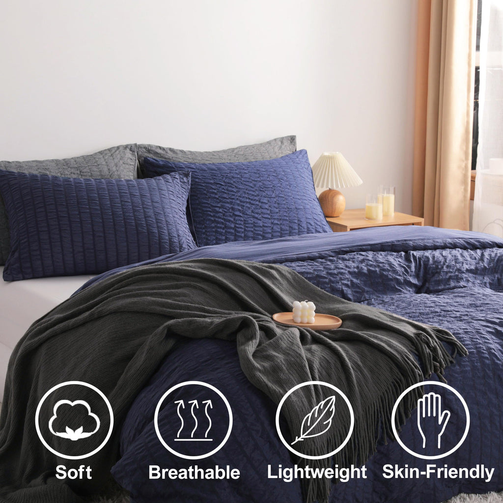 Duvet Cover Set - 2 Piece Seersucker Textured Stripe Washed Microfiber Bedding with Zipper Closure, Soft