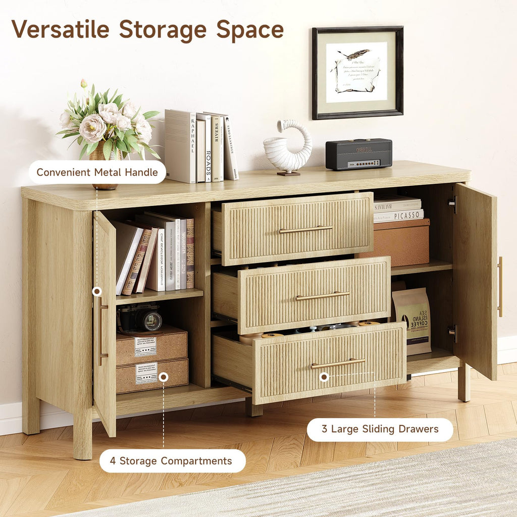 55" Sideboard Buffet Cabinet with Storage and 3 Drawers, Oak