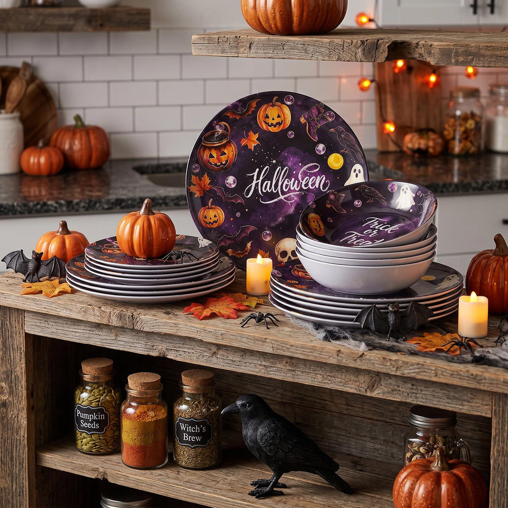 12-Piece Halloween Melamine Dinnerware Set, Service for 4,Dark Purple