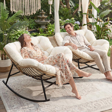 Outdoor Rocking Papasan Chair Set of 2 with Cushions, Comfy Oversized Padded Rockers, 2 Person Wicker Egg Gliders
