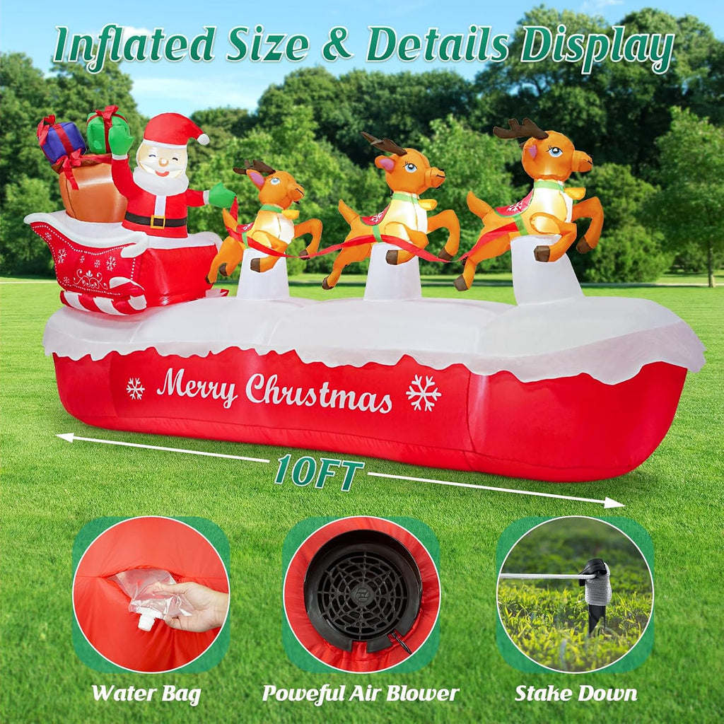 10 FT Christmas Inflatables Outdoor Decorations Santa Claus on Sleigh, Blow Up Cute Elks Pulling Santa's Inflatable