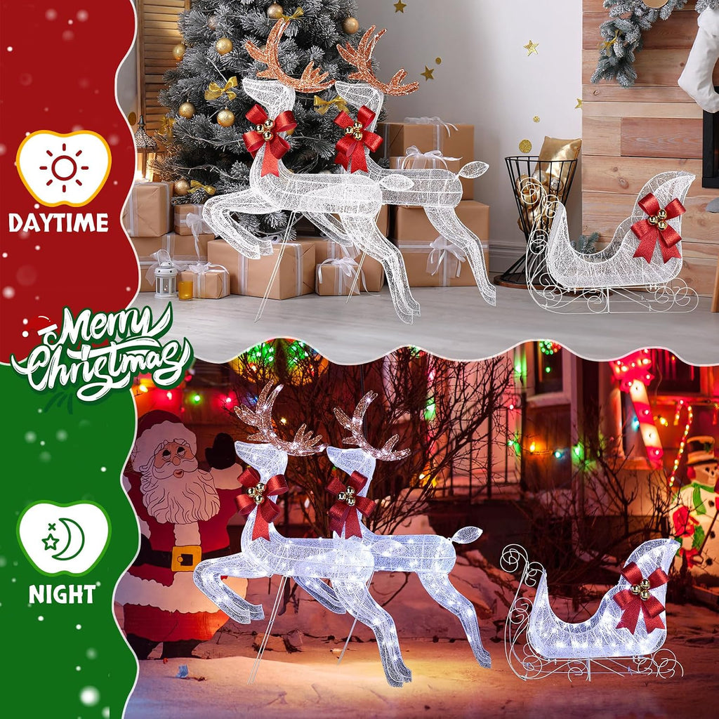 Christmas Decorations: Lighted Reindeer & Sleigh Outdoor Display, Multicolor, 270 LED Lights, Weatherproof, Easy