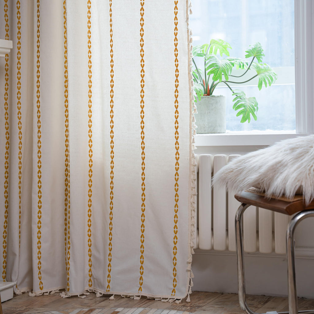 Boho Curtains Bedroom, Semi Blackout Farmhouse Vintage Shabby Chic Tassels Window Treatment Bohemian Embroidery