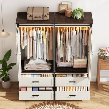 Farmhouse Wardrobe Armoire Closet with 4 Doors and 4 Drawers, Antique White