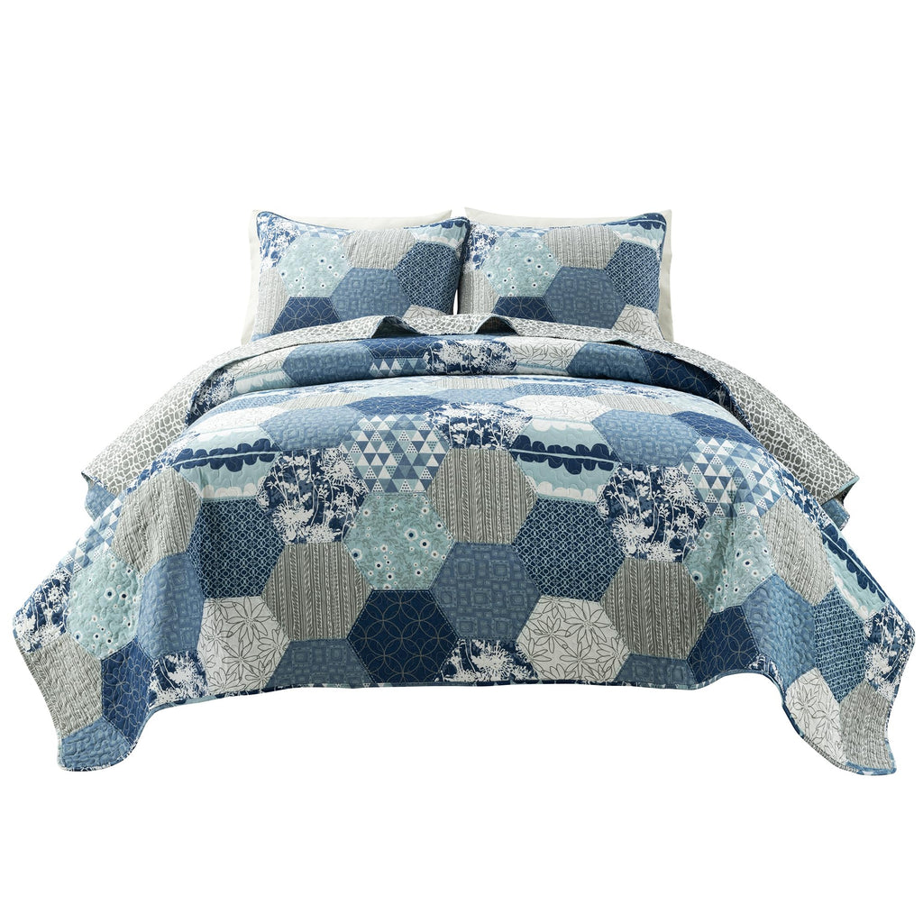 Briley Reversible Cotton Quilt 3 Piece Set Dusty Blue - Bedding Set Quilt - Patchwork