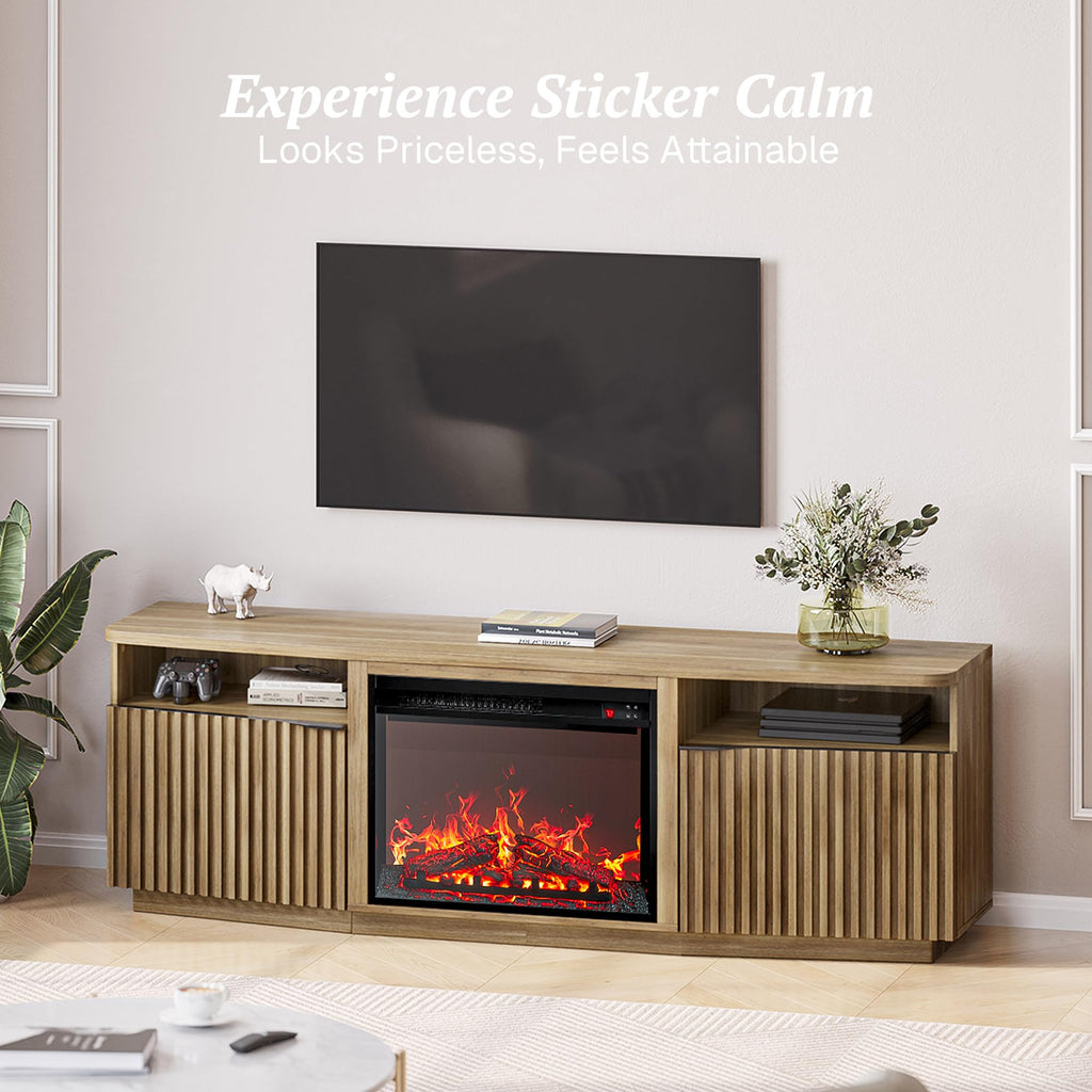 Fluted TV Stand with 23" Electric Fireplace Heater with Sound, 68" Entertainment Center for TV Up to 75", Media