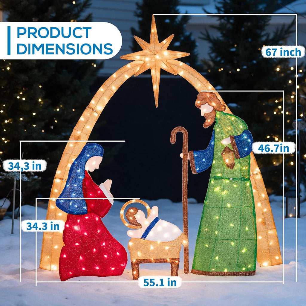 5.5 FT Lighted Nativity Scene, 2.5D Outdoor Nativity Set Christmas Yard Decoration with 210 Warm White LEDs