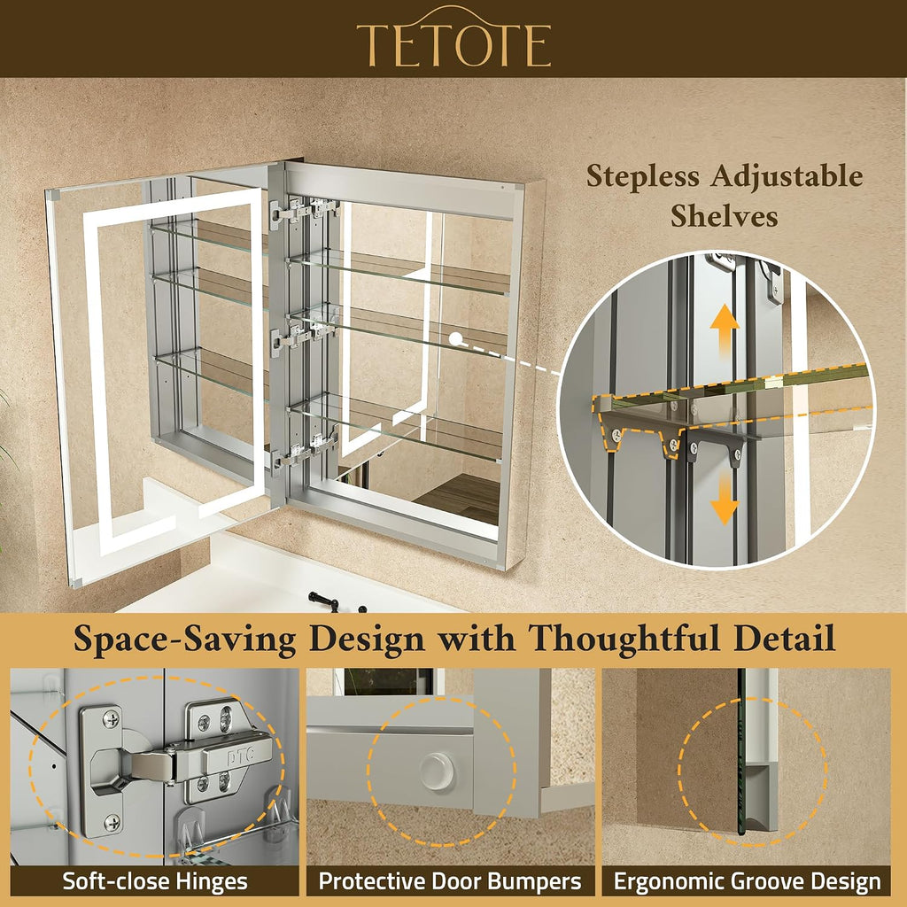 LED Lighted Medicine Cabinet Mirror with Tempered Glass 16 x 24 Recessed or Surface Mount Bathroom Cabinet with