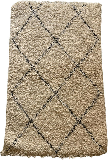Handmade Moroccan Berber Area Rug 3' x 5', 100% Wool High Pile Shag, Beni Ourain Style, Ivory/Cream with Charcoal