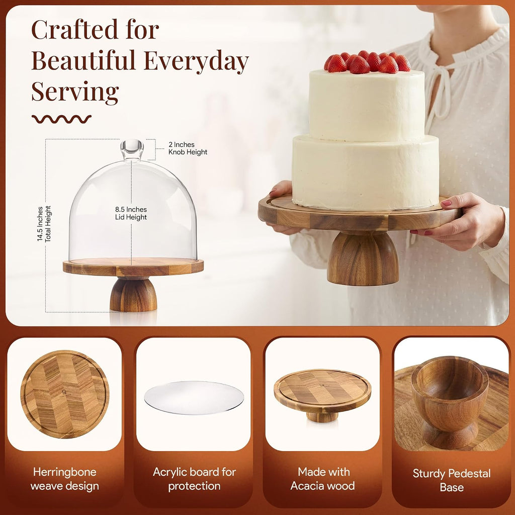 High Dome Acacia Wood Cake Stand with Lid - 12 in Round Cake Holder with Tall Acrylic Cloche Cover, 2in1 Dessert