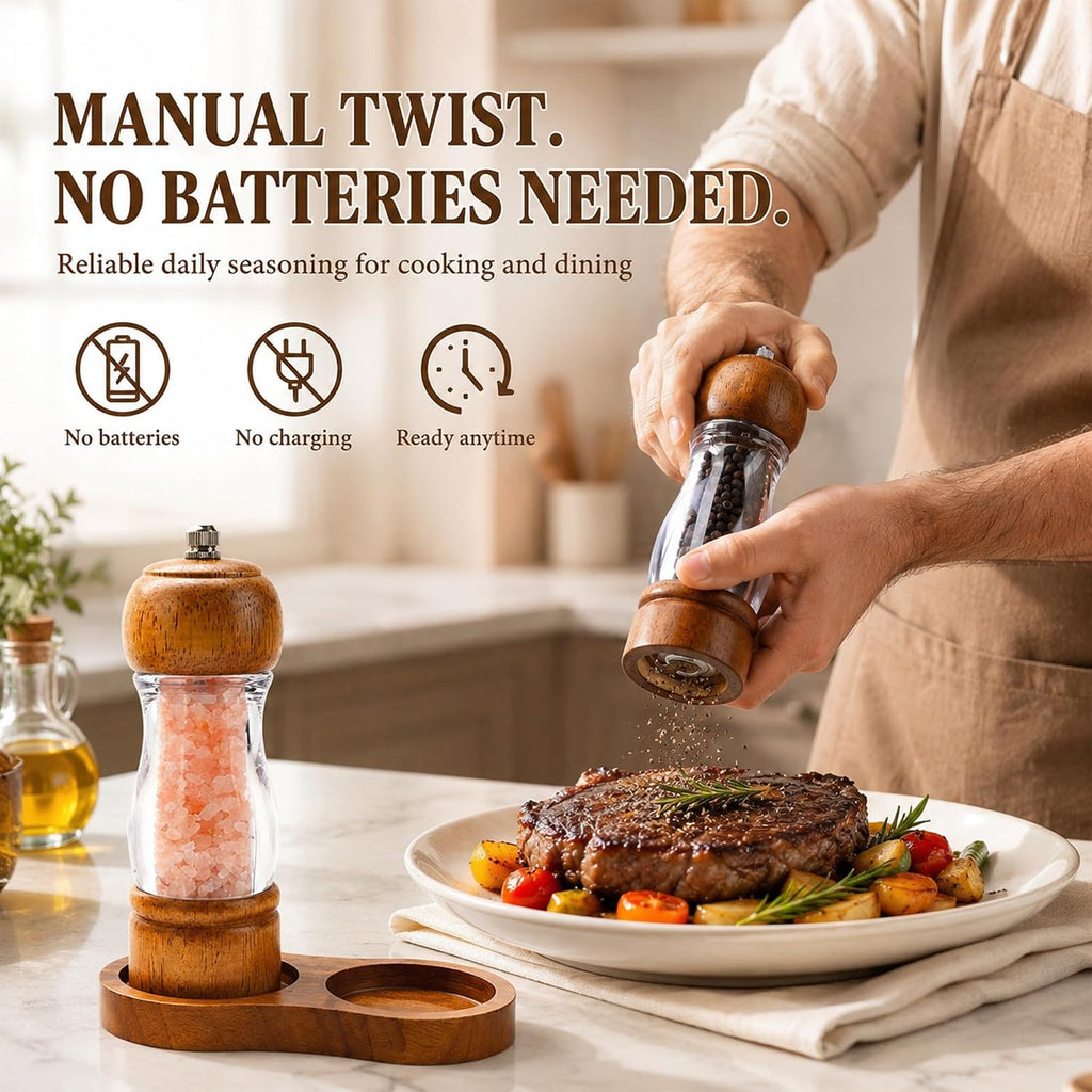 Manual Salt and Pepper Grinder Set, Oak Acrylic Mills with Tray - Set of 2