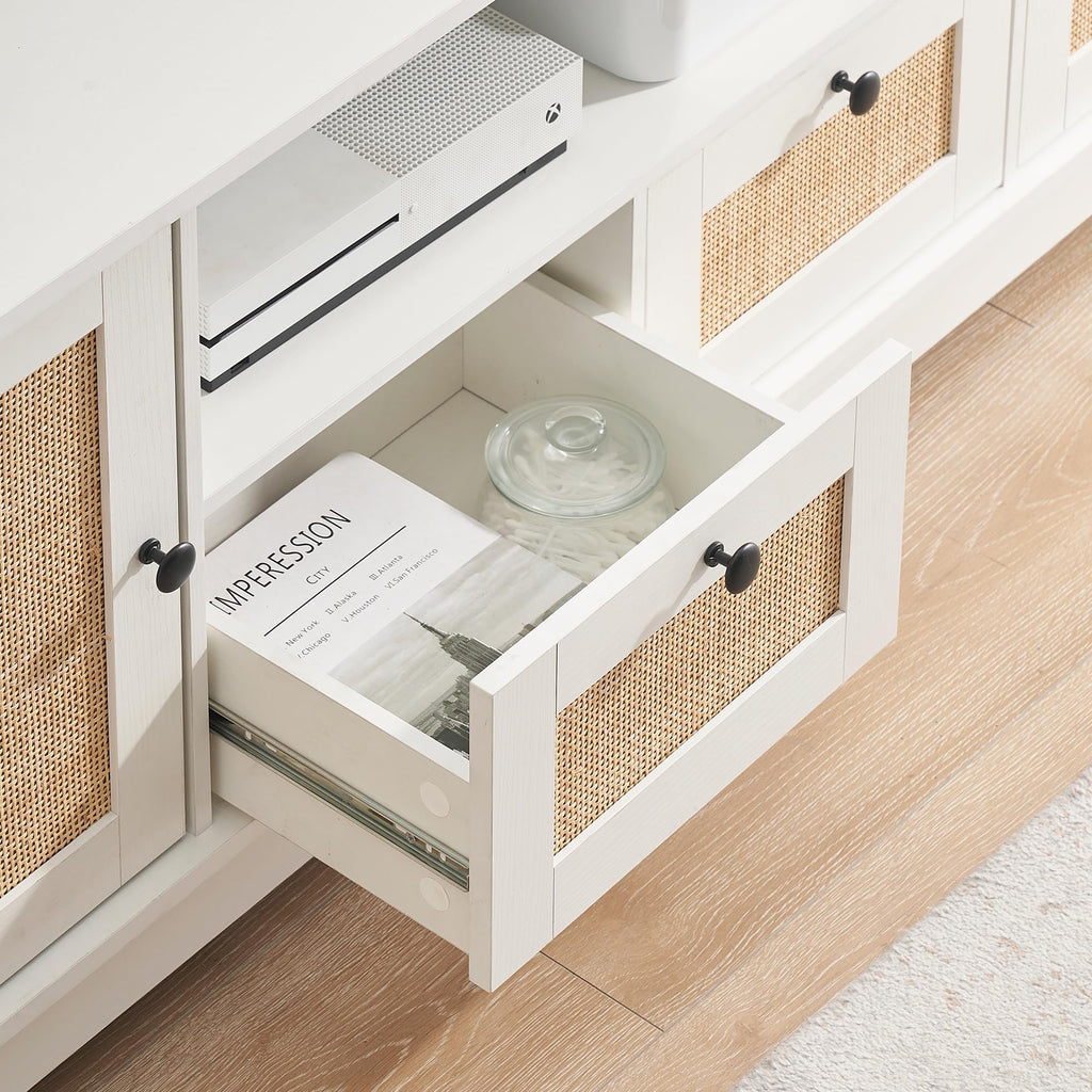 Rattan TV Stand for 65 Inch TVs, White Desktop