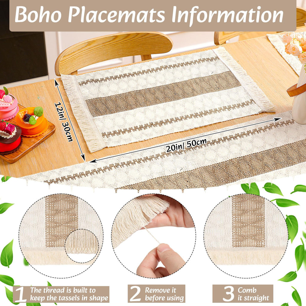 6 Sets Boho Table Runner and Woven Round Placemats Set, Brown, 12x72