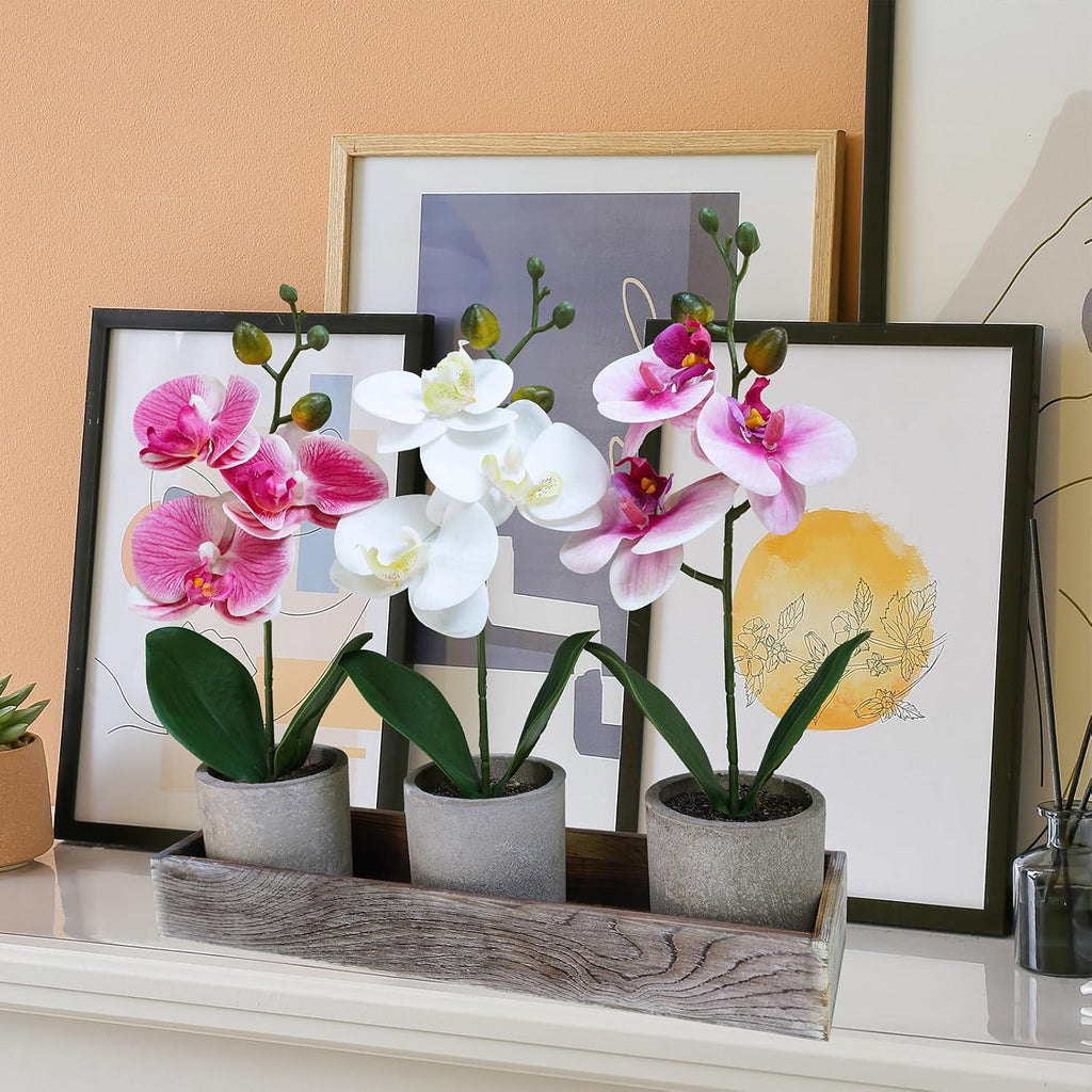 Small Artificial Orchid Potted Plants Arrangement with Rustic Wood Planter Box Real Touch Faux Phalaenopsis - Set of 3