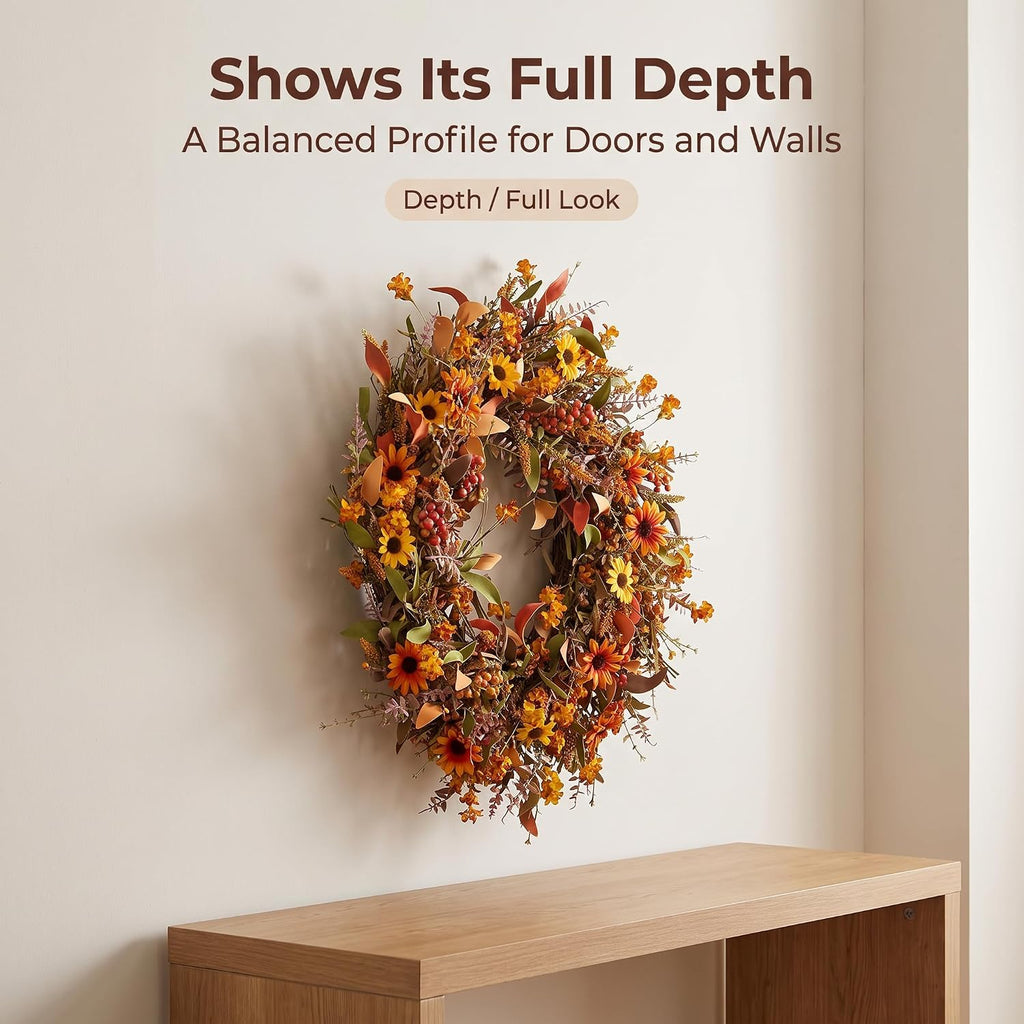 24 Inch Fall Wreaths for Front Door, Artificial Autumn Wreath with Sunflowers, Berries and Leaves, Thanksgiving
