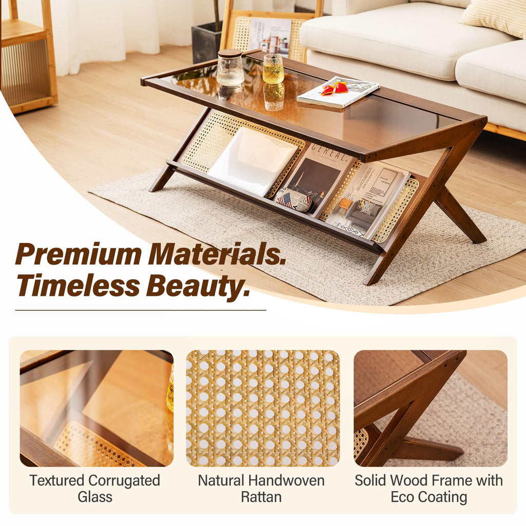 Brown Rattan Coffee Table, Bamboo Glass Top Table with Storage