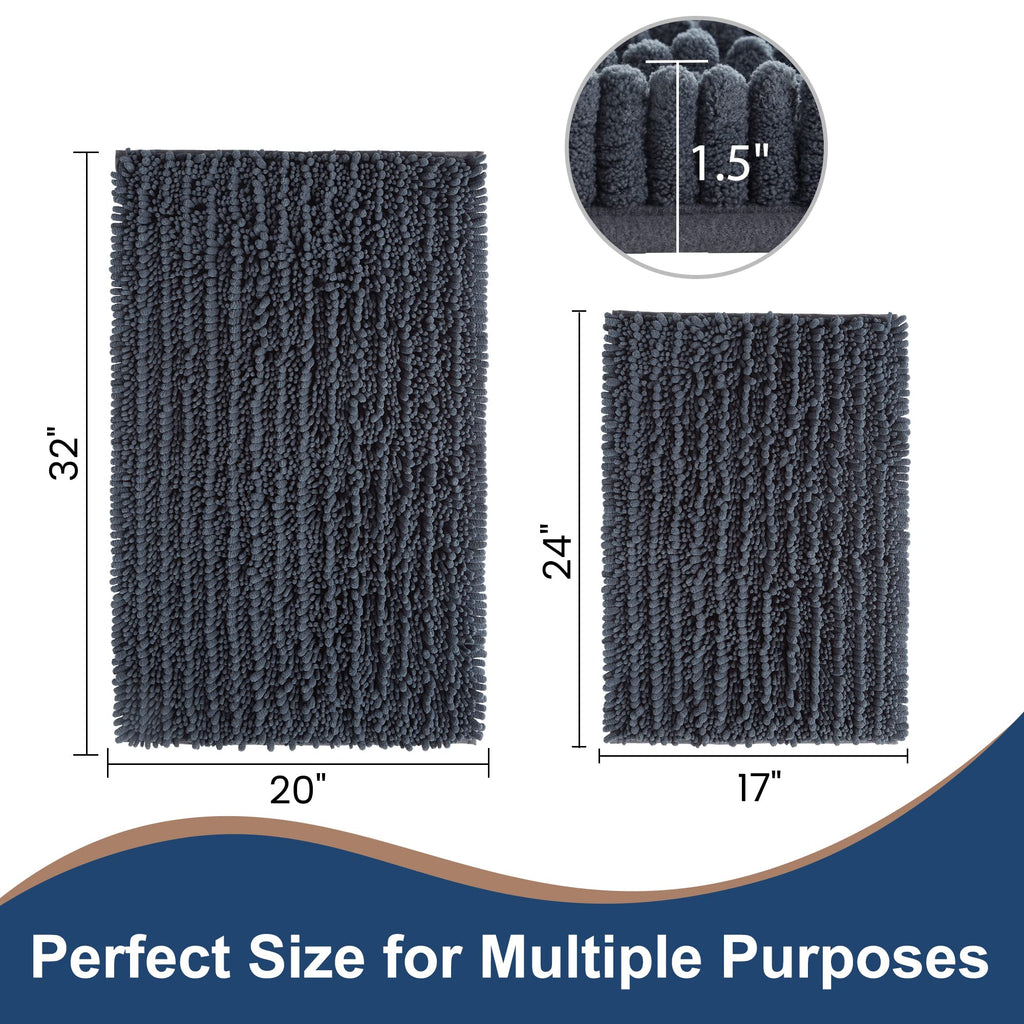 Luxury Chenille Charcoal Grey Bathroom Rugs Sets 2 Piece, Thickened Hot Melt Rubber Bottom Bath Mats Non Slip, Bath