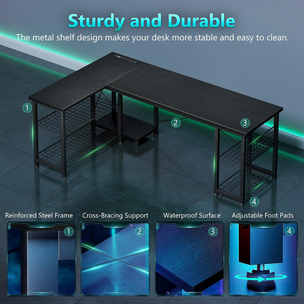 59 Inch L Shaped Gaming Desk with Shelves & Power Outlets | Black Reversible Computer Desk with Storage Shelves