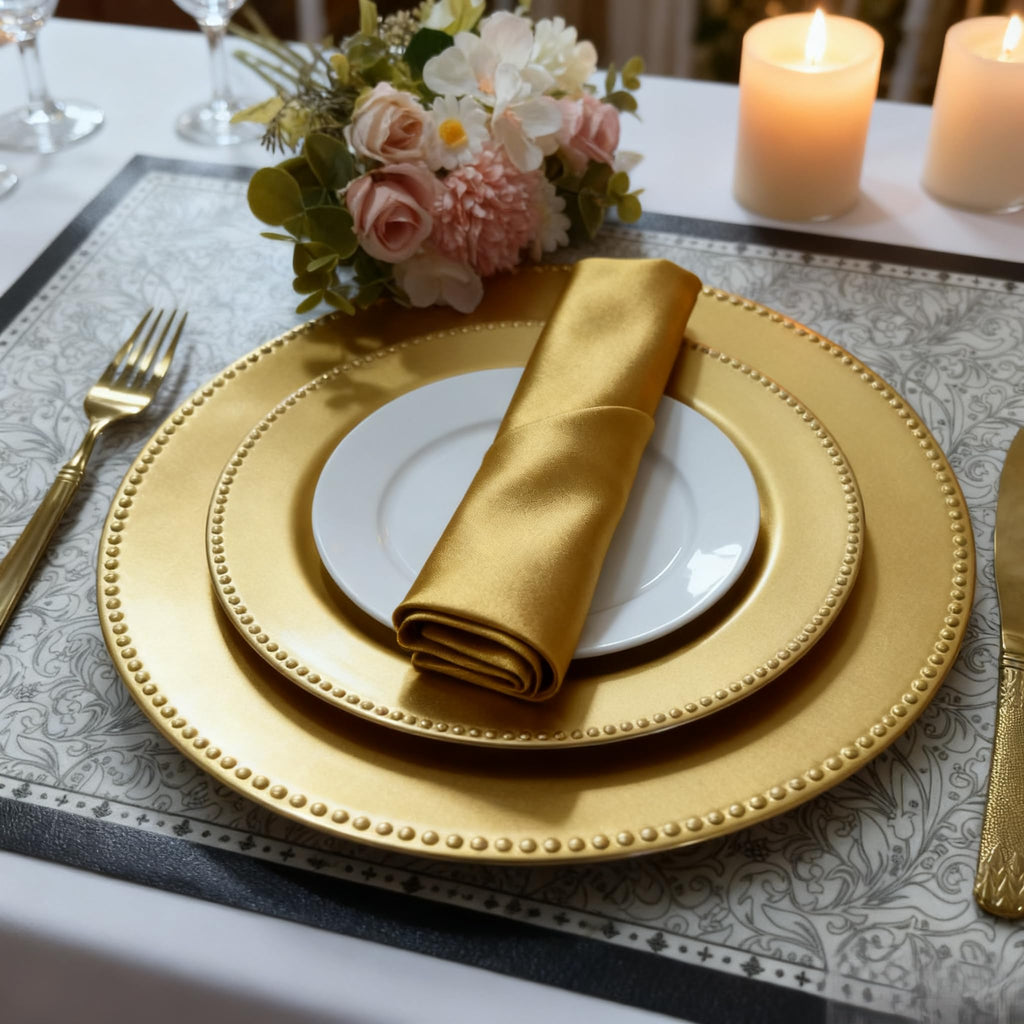 6 Pcs Elegant Plastic Beaded Charger Plates - Round Gold Wedding Party Dinner Decorative Plate Set, Durable for