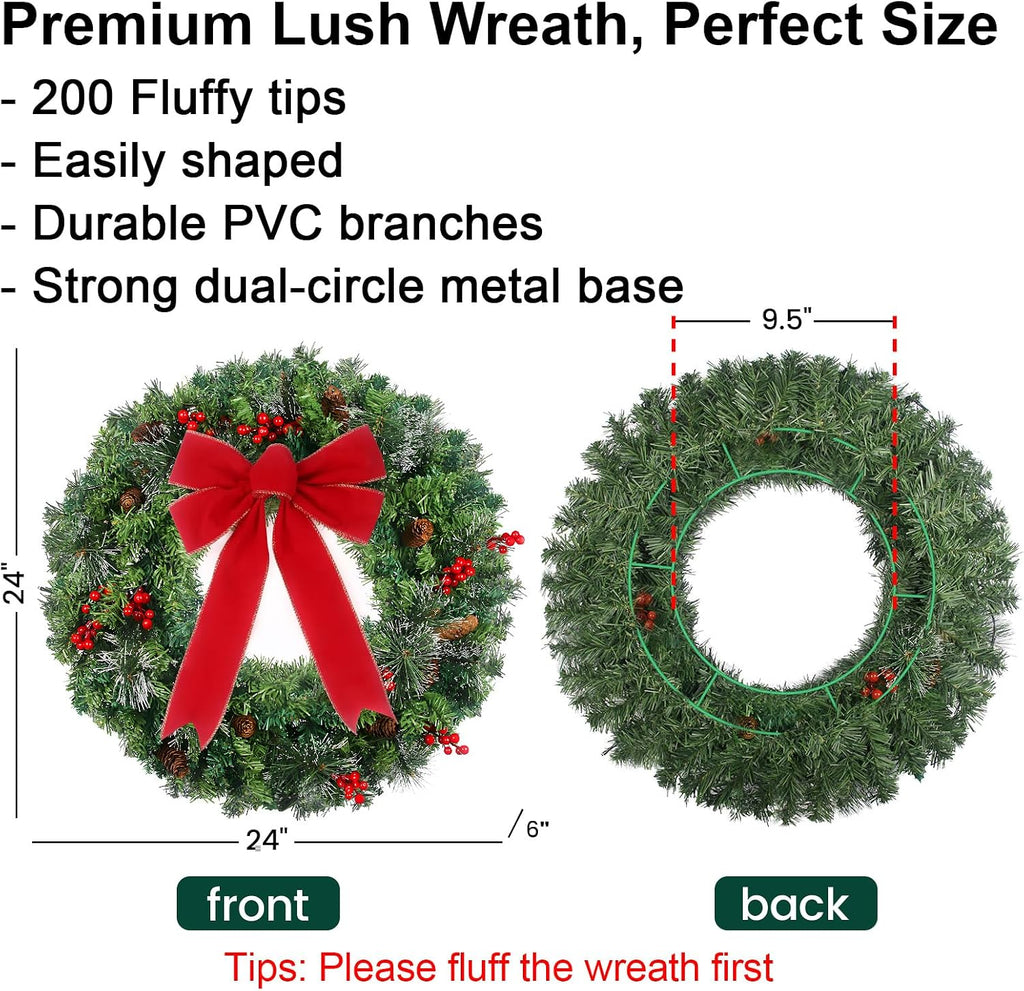 24in Prelit Christmas Wreath for Front Door Christmas Decorations- Timer 8 Light Modes- Battery Operated Lighted