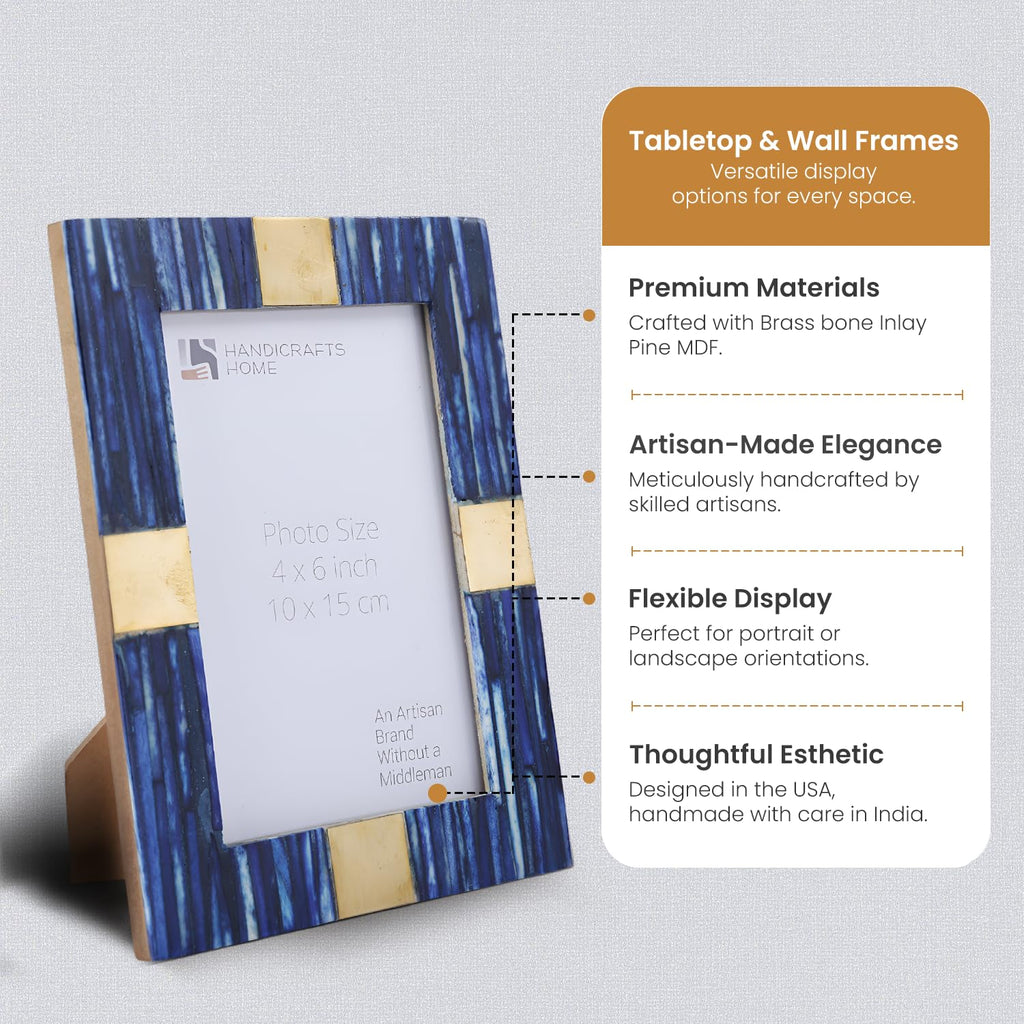 6x4 Blue Picture Frame, Handmade Bone Inlay & Brass Photo Frame for Tabletop or Wall Display, Decorative Frame for
