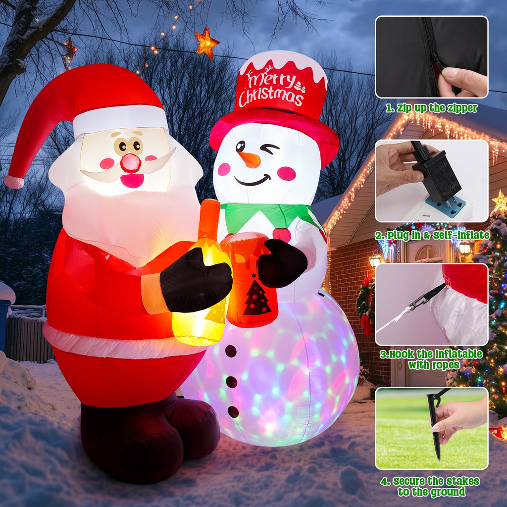 7FT Christmas Inflatable Outdoor Decoration, Inflatable Santa and Snowman Toasting with Light, Rotating Colorful LED