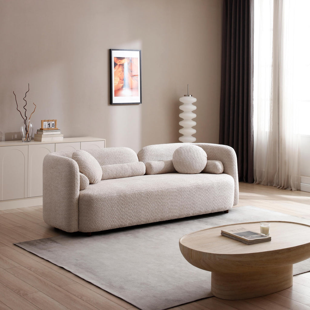 88.58" Curved Sofa Couch, Solid Wood Frame, Pillows, Boucle, 3-Seater Beige
