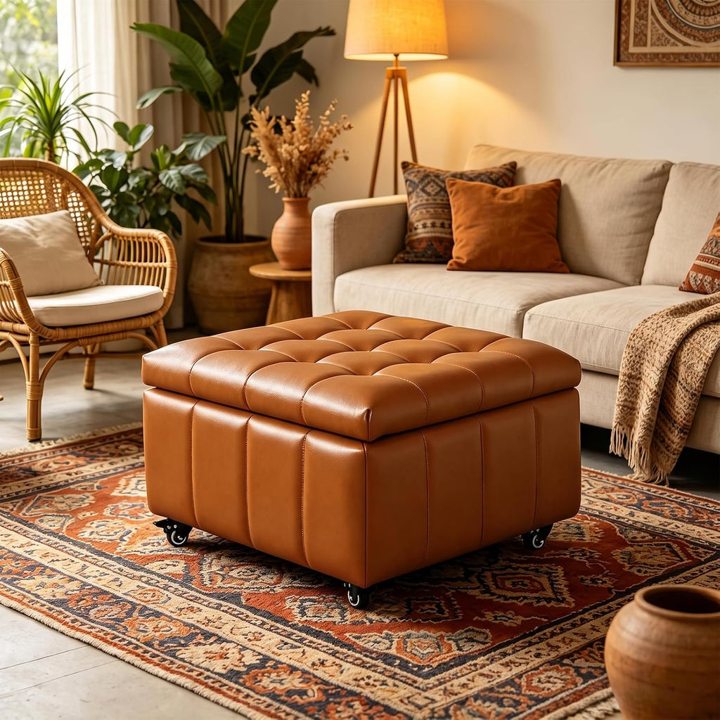 Square Leather Ottoman with Storage and Wheels,360°Rolling ottoman,Faux Leather Flip Top Storage Footstool Coffee