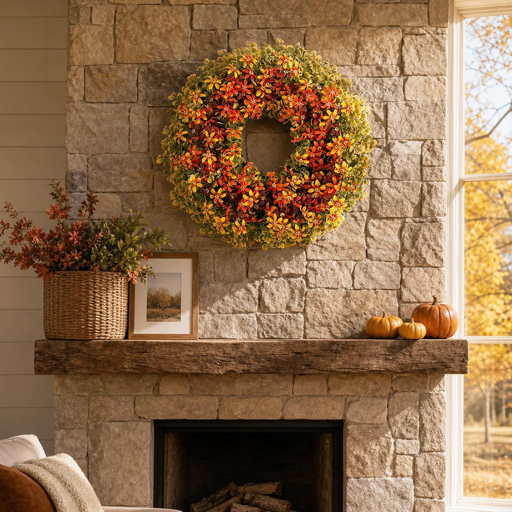 Fall Door Boxwood Wreath, 24 Inch Autumn Wreaths with Hanger