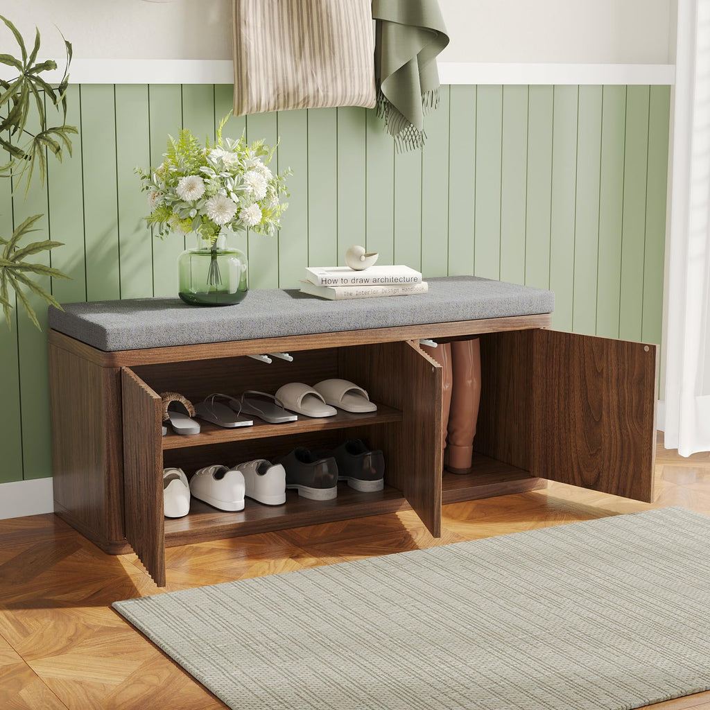 41.3" Shoe Storage Bench with Cushion, Adjustable Shelves, 440lbs, Walnut