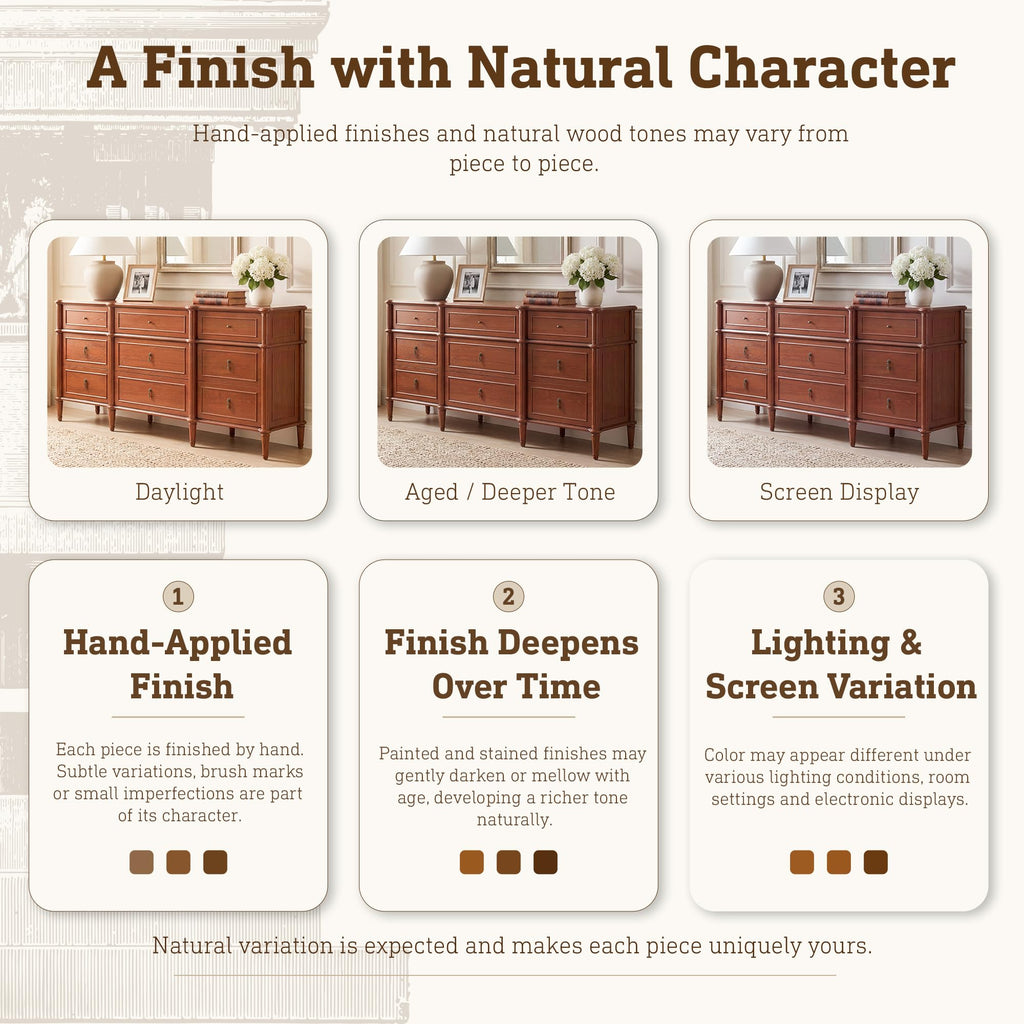 63" 9-Drawer with Power Outlet, Architectural Wood Storage Chest with Framed Drawers, Vintage Metal Pulls and Solid