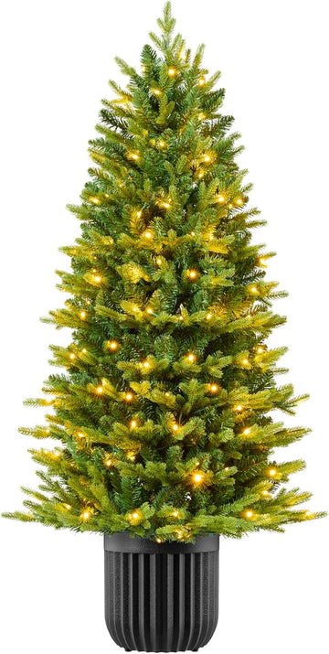 Prelit Potted Pencil Christmas Tree, 4.5Ft Realistic Artificial Lighted Holiday Décor, 175 Twinkling LEDs , Porch