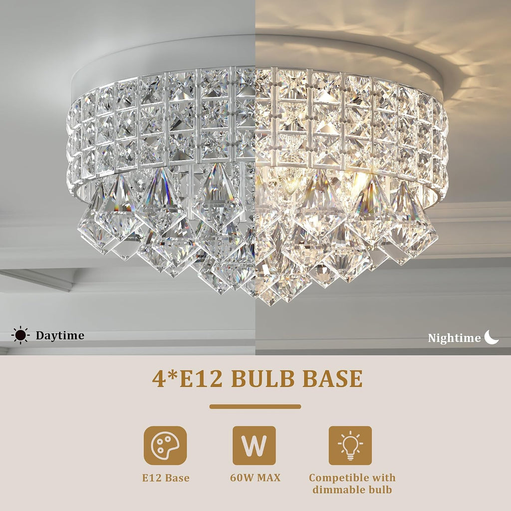 4 Lights Crystal Chandelier, Modern Drum Ceiling Light Fixture Lamp, Raindrop Flush Mount Round Metal Shade, for