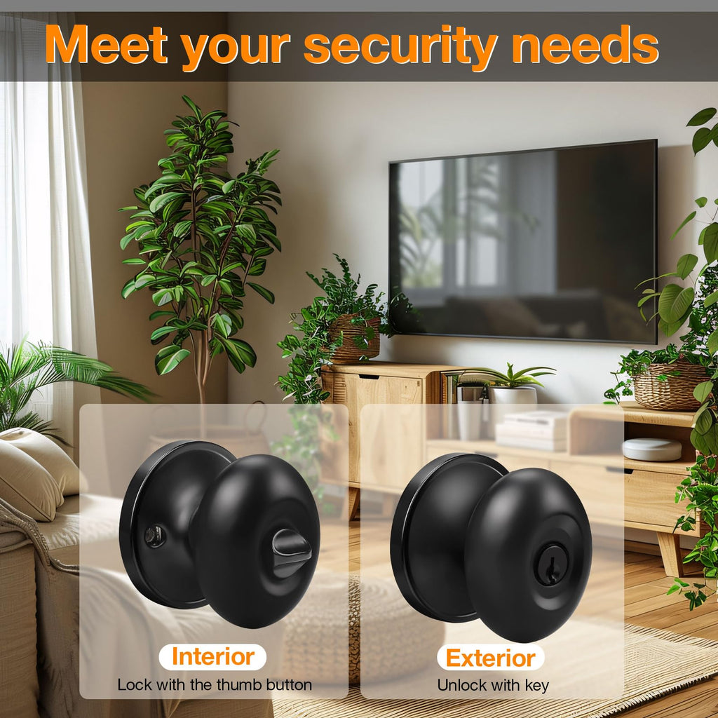 3 Pack Oval Keyed Alike Entry Door Locks in Matte Black Egg Door Knobs with Lock and Same Key for Exterior Front Door
