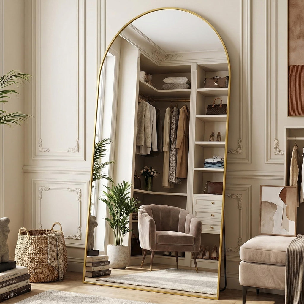 82"x44" Arched Full Length Mirror with Stand, Full Body Mirror with Aluminum Frame