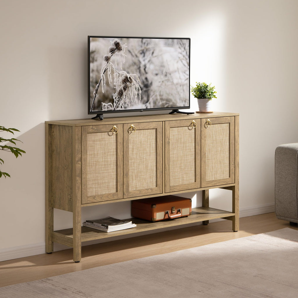 Boho Sideboard Buffet Cabinet with Rattan Doors, Storage Credenza