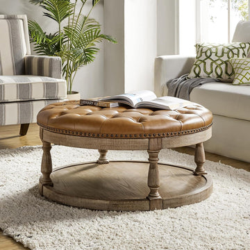 Faux Leather Ottoman Coffee Table , Large Round Button Tufted Cocktail, Upholstered Footrest Storage Ottoman with